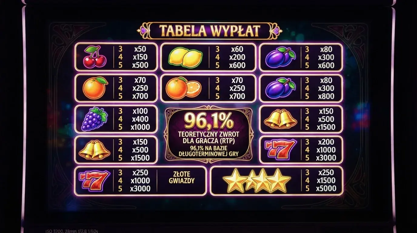 ekran automatu online z otwartą tabelą wypłat pokazującą wartość procentową RTP