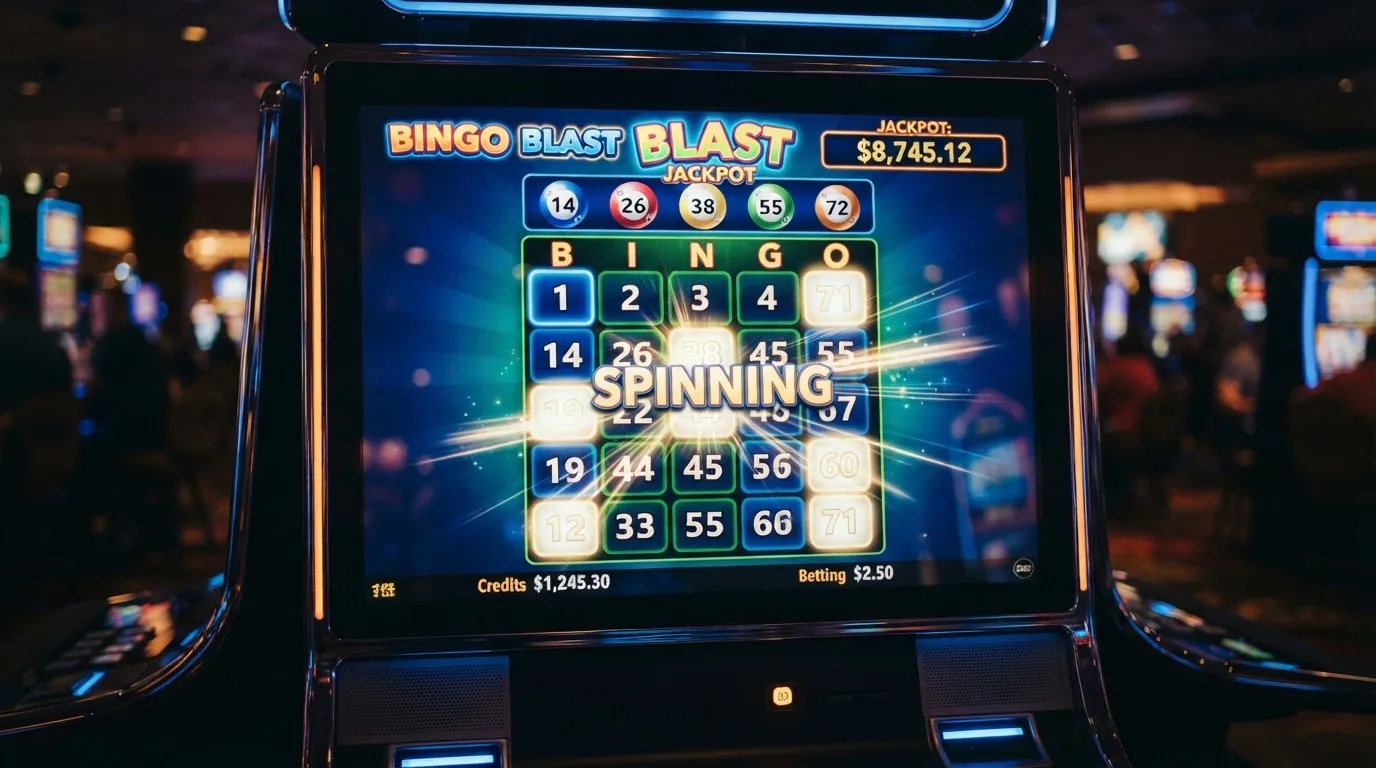 Ekran automatu do gry z kolorową planszą w stylu bingo i podświetlonymi liczbami