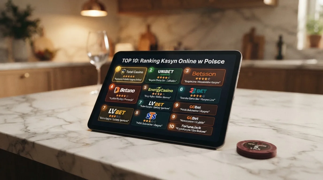 Ranking dziesięciu kart operatorów online ułożonych od najwyżej do najniżej ocenionego na ekranie tabletu.