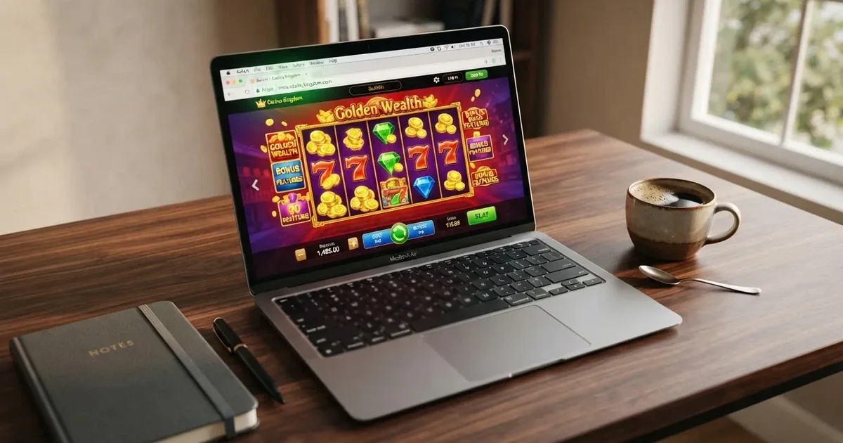Laptop na biurku z otwartą stroną kasyna internetowego i ikoną kłódki szyfrowania w pasku adresu przeglądarki