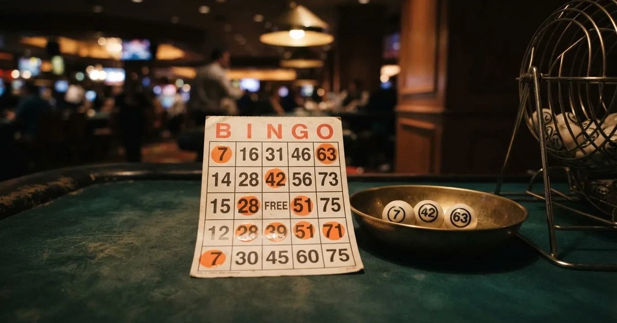 Karta do bingo z odznaczonymi liczbami obok wylosowanych kulek na stole w kasynie online