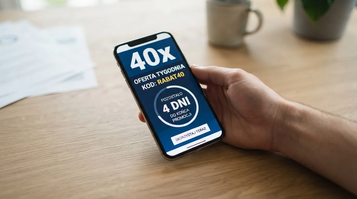 Zbliżenie na telefon z listą warunków promocji i licznikiem odliczającym dni do końca oferty