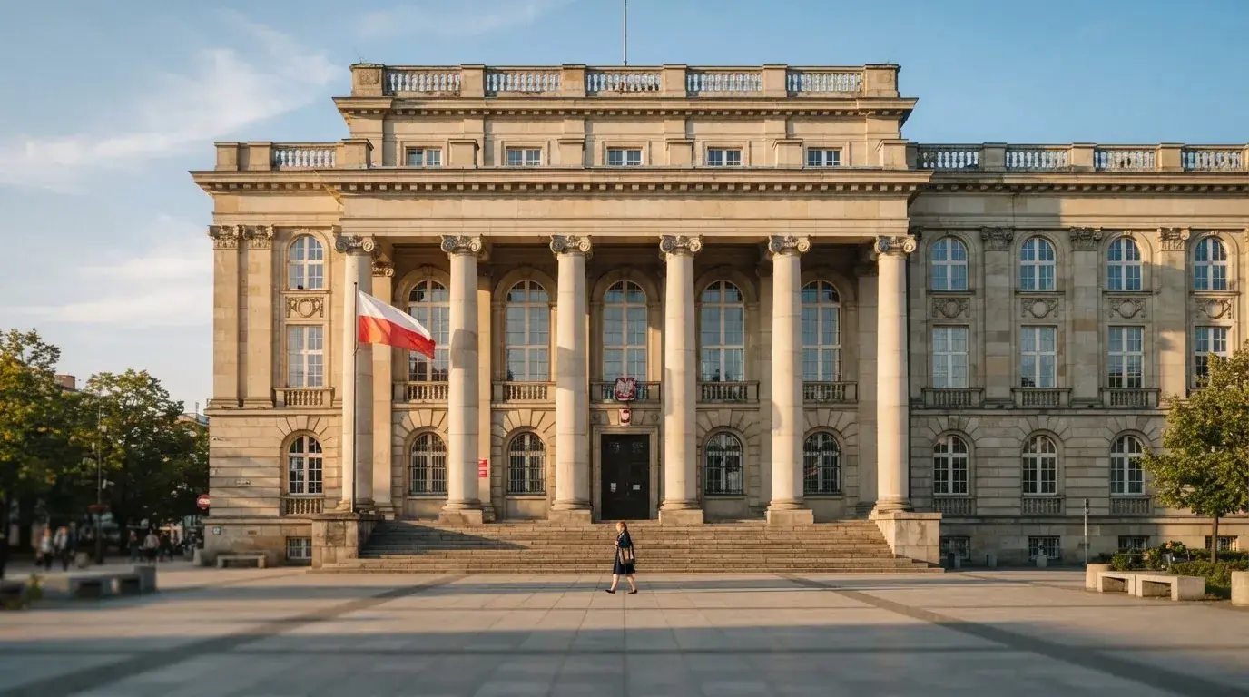 Fasada budynku instytucji państwowej z flagą Polski, symbol nadzoru regulatora nad rynkiem gier hazardowych