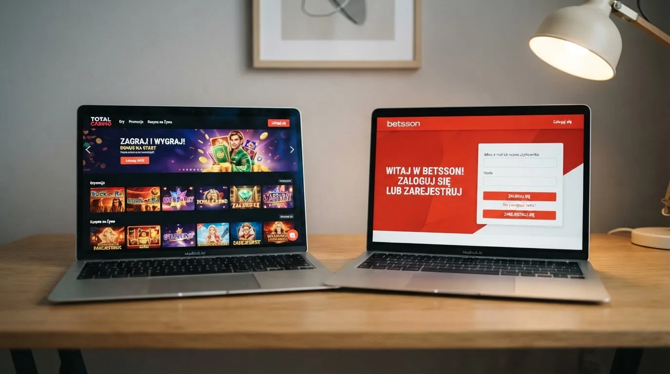 Dwa ekrany logowania kasyna online obok siebie na biurku, jeden z polskim interfejsem złotówkowym, symbolizujące porównanie dwóch różnych serwisów