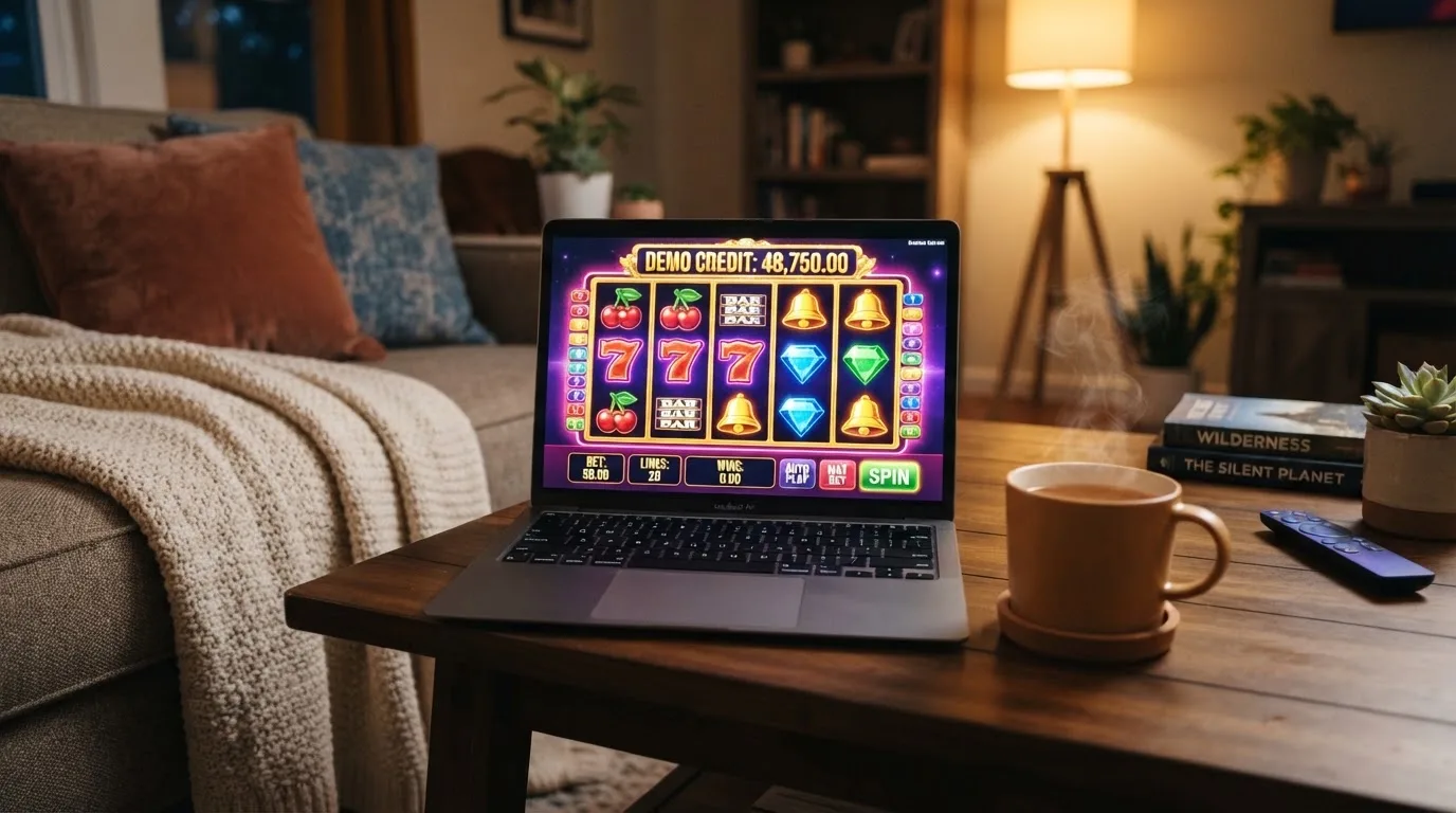 Ekran laptopa z automatem w trybie demo i saldem wirtualnych kredytów, obok kubek herbaty na stole w salonie