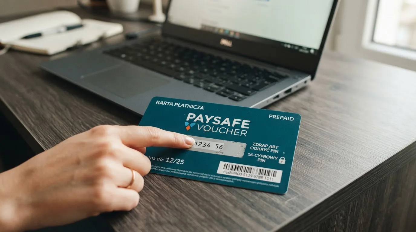 Karta przedpłacona Paysafecard z zasłoniętym polem kodu PIN obok klawiatury laptopa