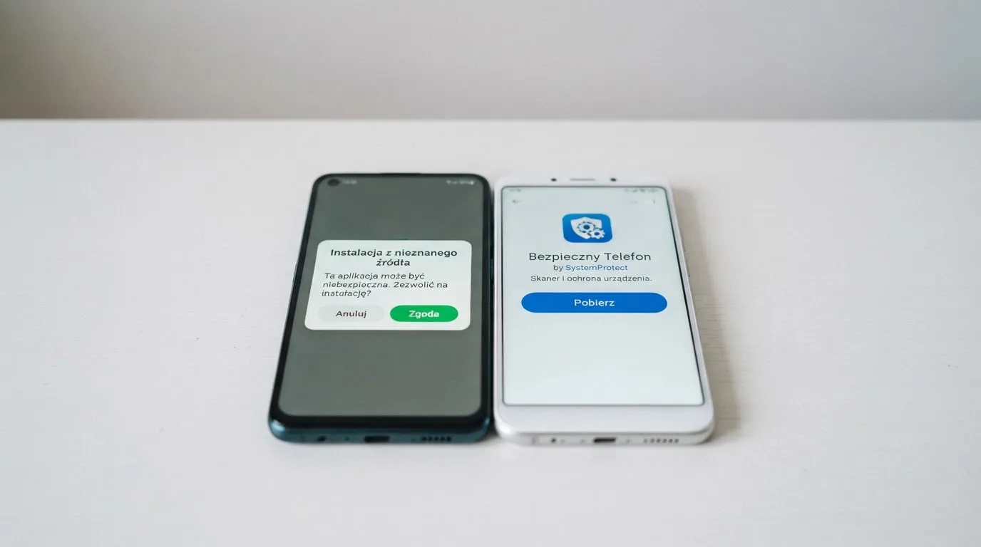 Dwa telefony obok siebie: na jednym komunikat zgody na instalację pliku APK z nieznanego źródła, na drugim strona aplikacji w sklepie z przyciskiem pobierania