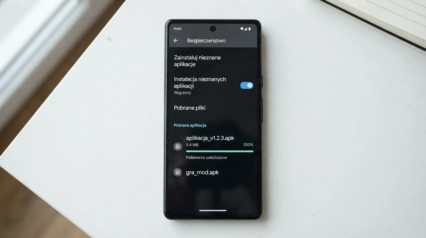 Ekran ustawień Androida z przełącznikiem zgody na instalację aplikacji z nieznanego źródła i pobranym plikiem instalacyjnym na liście