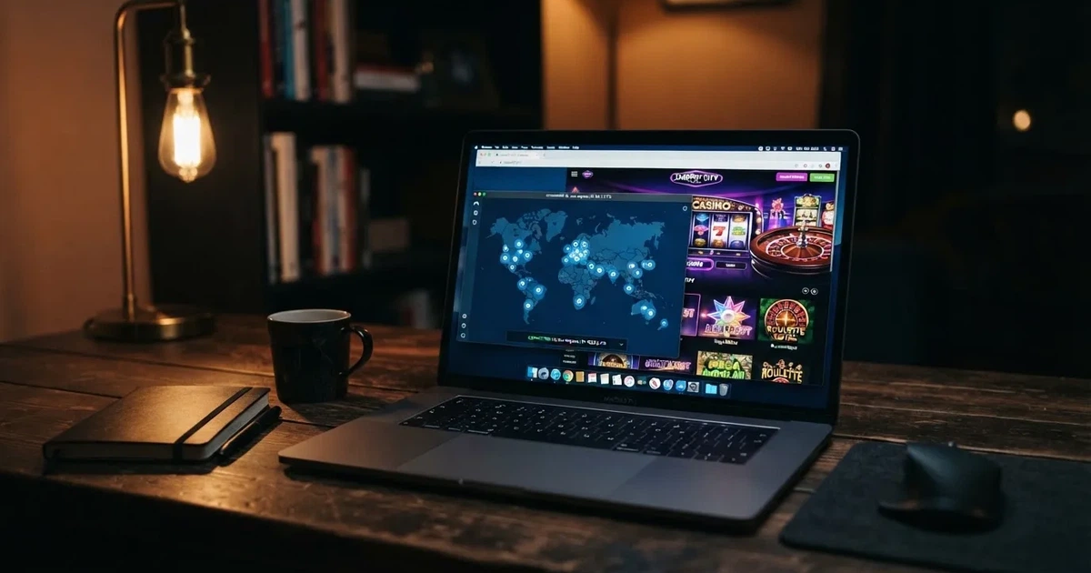 Laptop na biurku z włączoną aplikacją VPN i mapą serwerów w kilku krajach obok otwartej przeglądarki