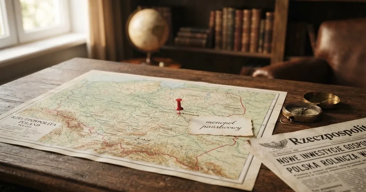 Mapa Polski rozłożona na biurku z jedną czerwoną pinezką wbitą w Warszawę i kartką z odręcznym dopiskiem o monopolu państwa