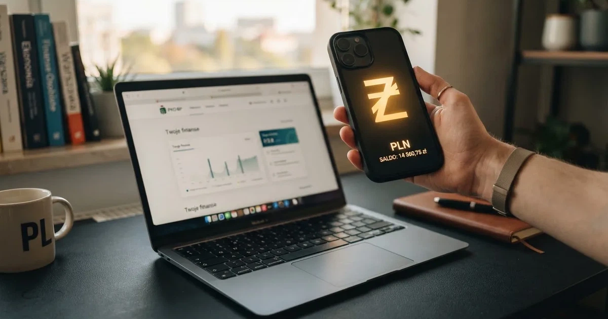 Dłoń trzymająca smartfon z ekranem płatności mobilnej nad klawiaturą laptopa