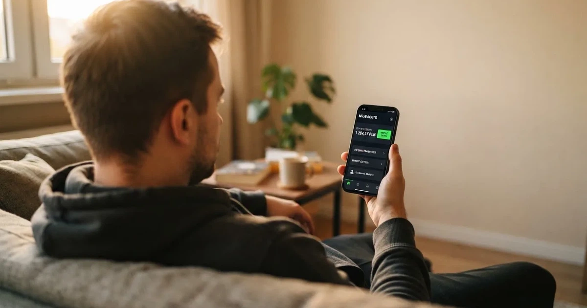 Dorosły mężczyzna na kanapie trzyma smartfon z Androidem, na ekranie saldo konta gracza w złotych obok przycisku wypłaty