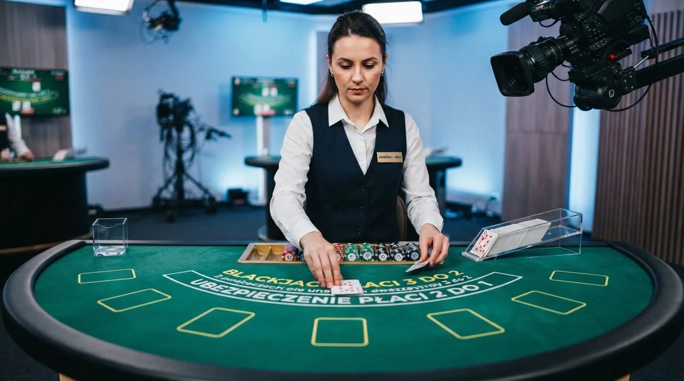 Krupier rozdający karty przy stole blackjacka podczas transmisji na żywo
