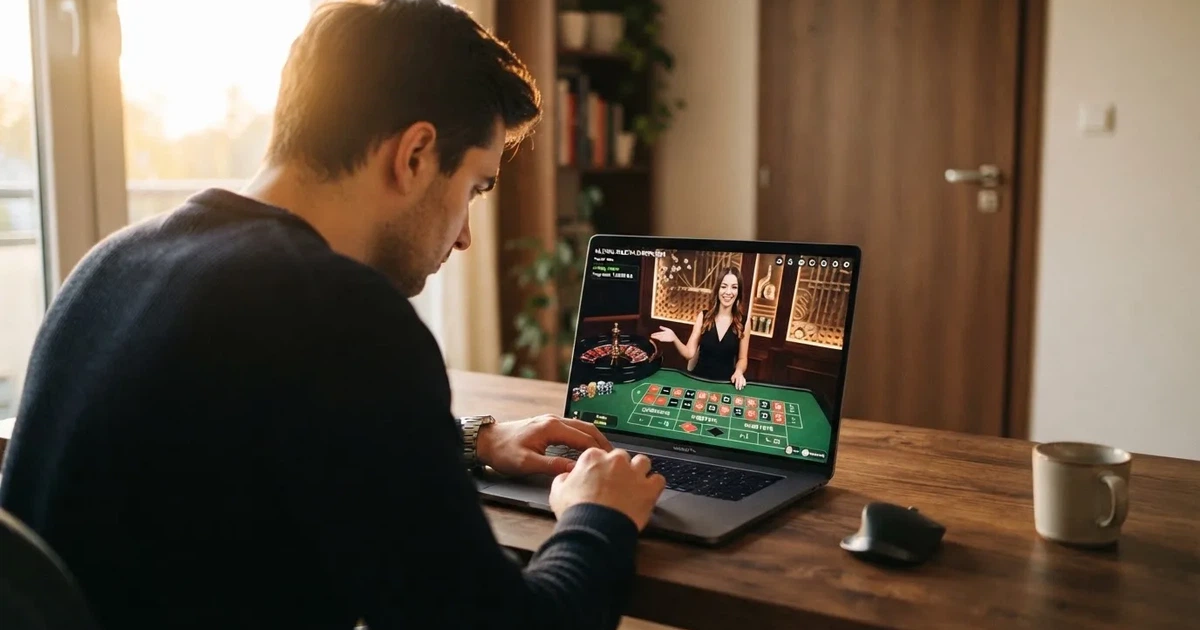Gracz przy laptopie czyta krótkie wyjaśnienie, czym jest kasyno na żywo
