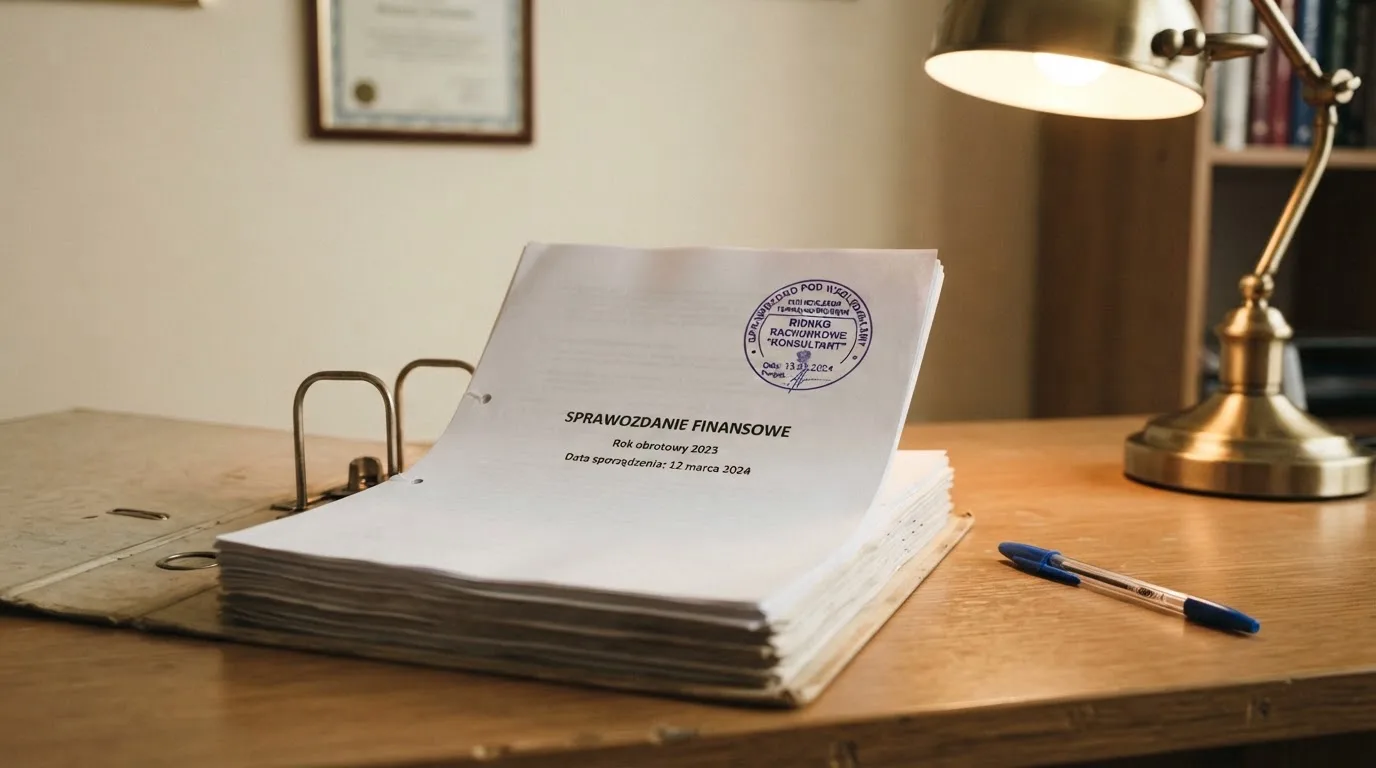 Segregator z wnioskiem o koncesję na kasyno gry, wydrukiem sprawozdania finansowego i urzędową pieczątką leżący na biurku