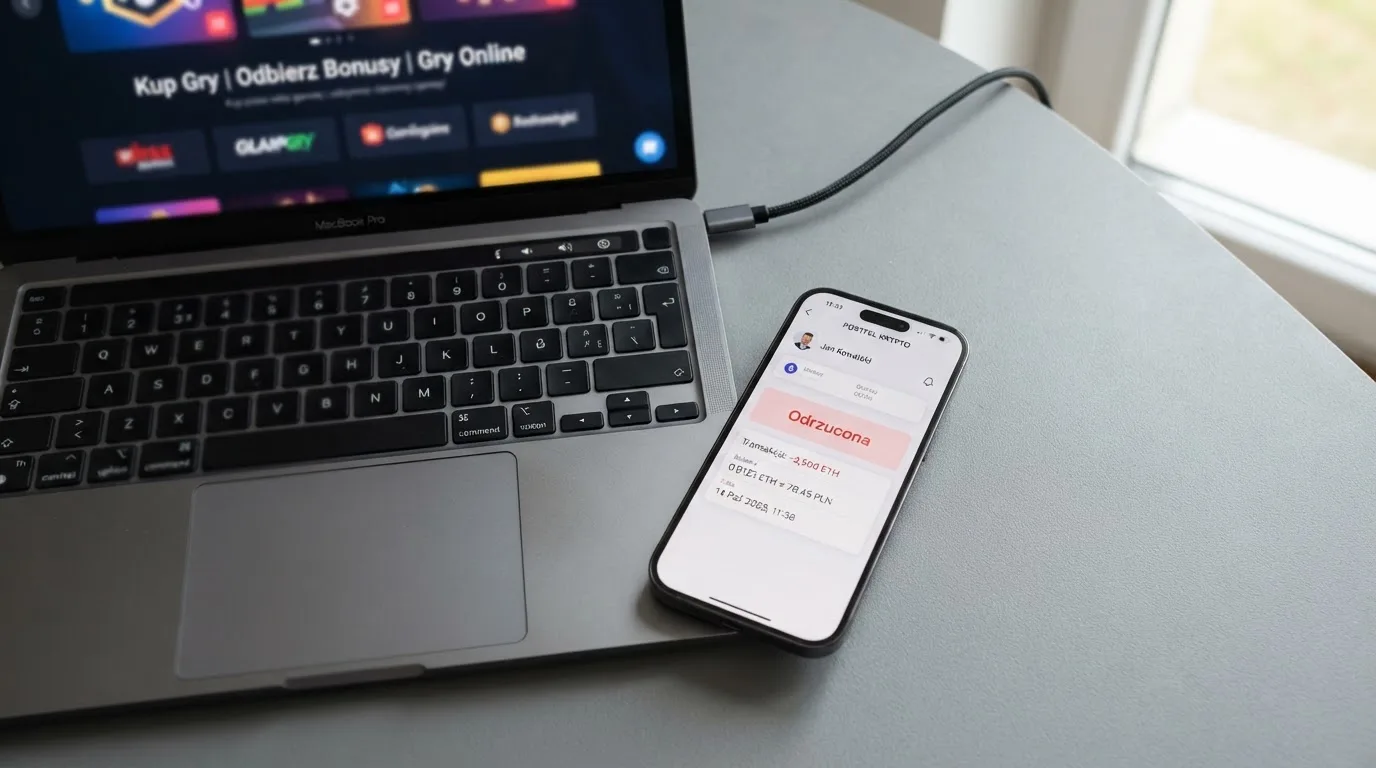 Smartfon z otwartym portfelem kryptowalut i komunikatem o odrzuconej płatności leżący obok laptopa