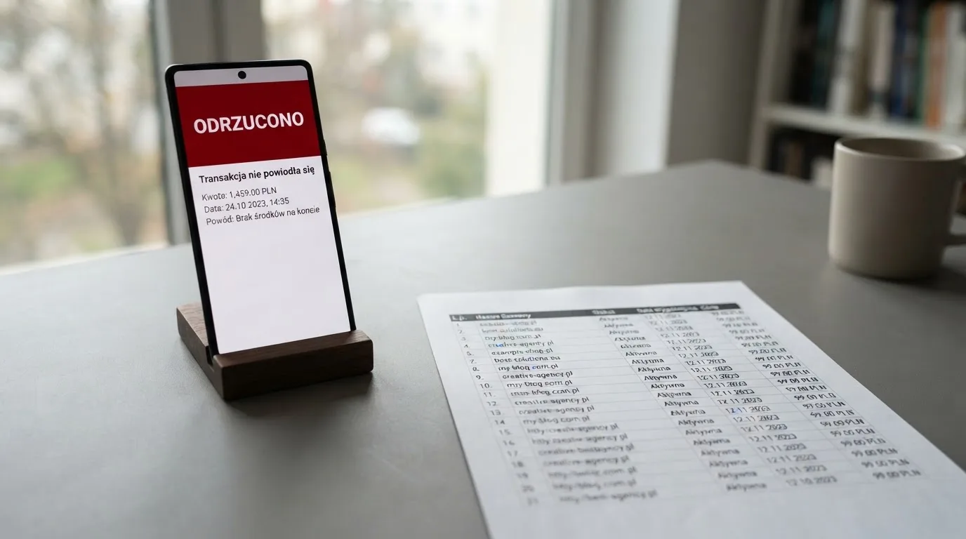 Telefon z komunikatem o odrzuconej płatności na ekranie, obok wydruk tabeli z listą zablokowanych adresów stron