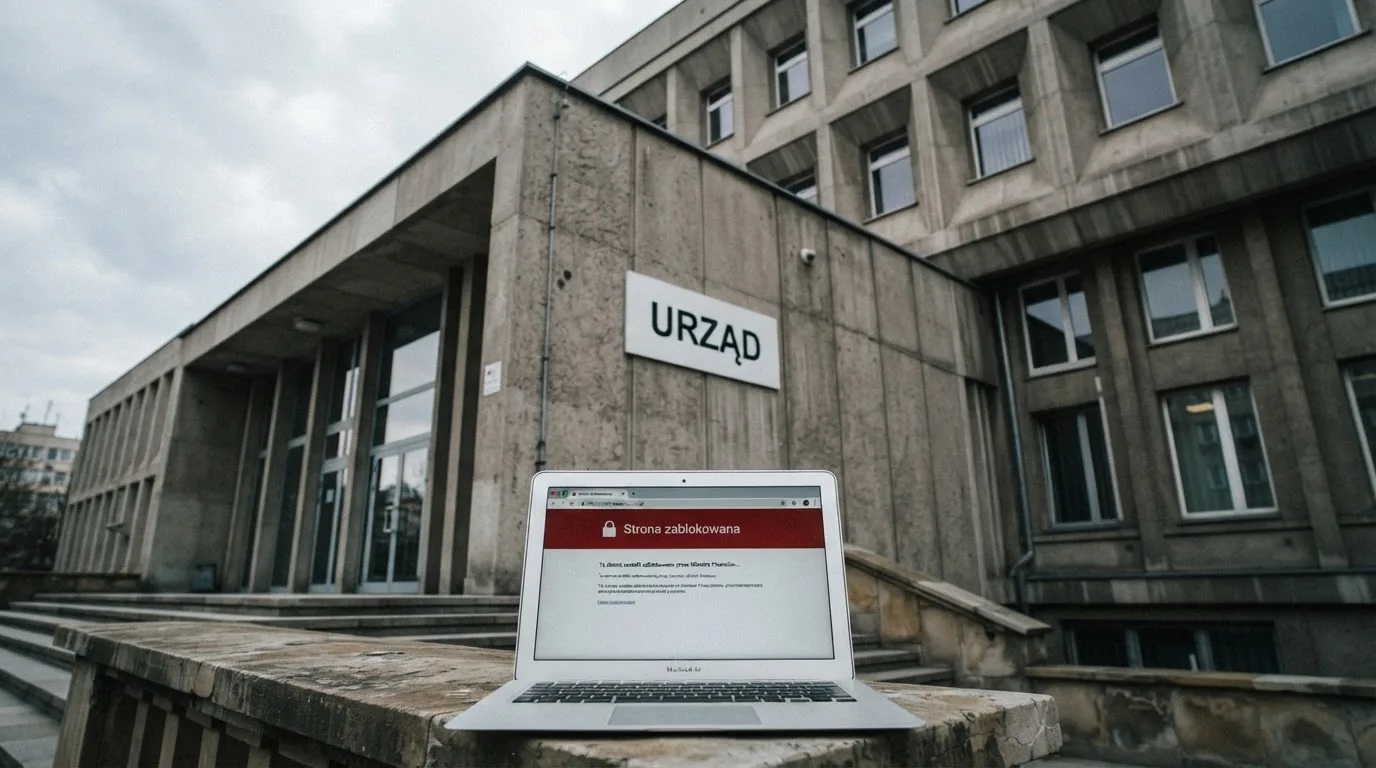 Budynek urzędu z tablicą ministerstwa, na pierwszym planie laptop z komunikatem o zablokowanej stronie kasyna