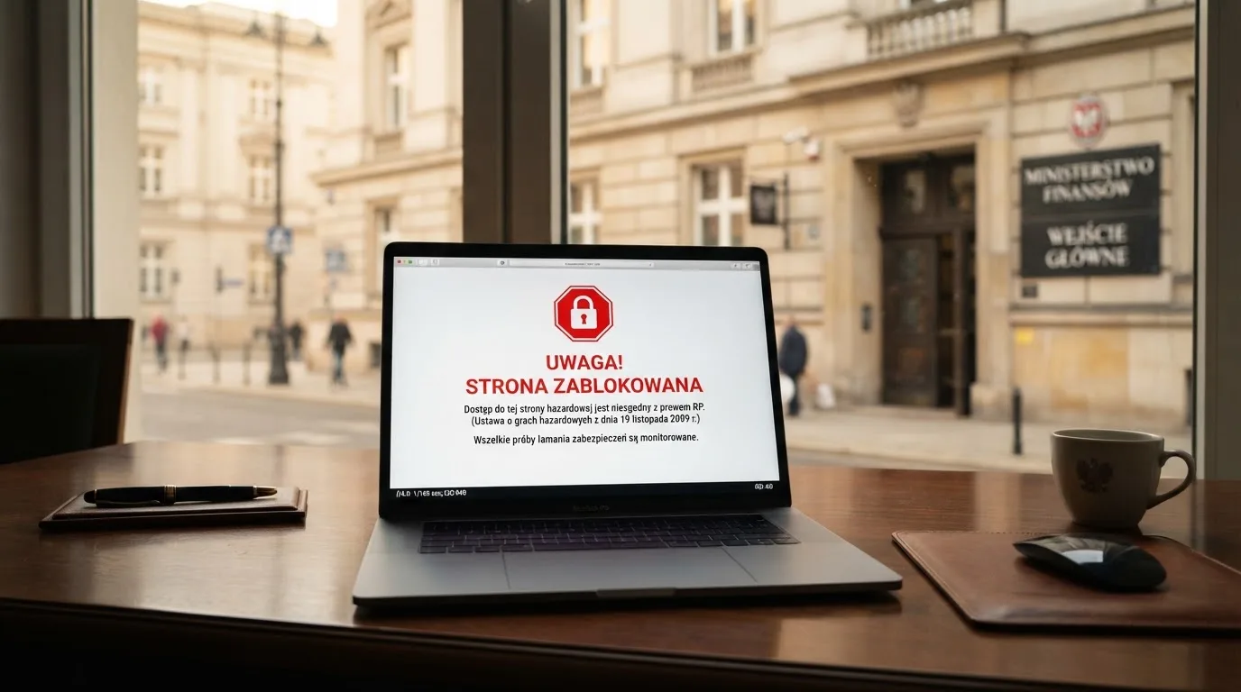 Laptop z komunikatem o zablokowanej stronie hazardowej, w tle budynek urzędu z tablicą ministerstwa