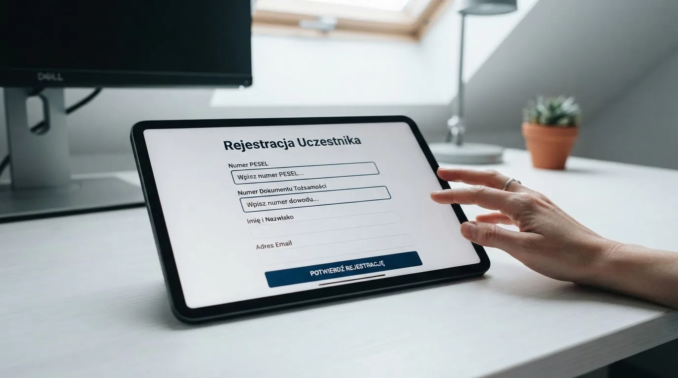 Formularz rejestracji konta gracza z polami na PESEL i numer dokumentu tożsamości na ekranie tabletu