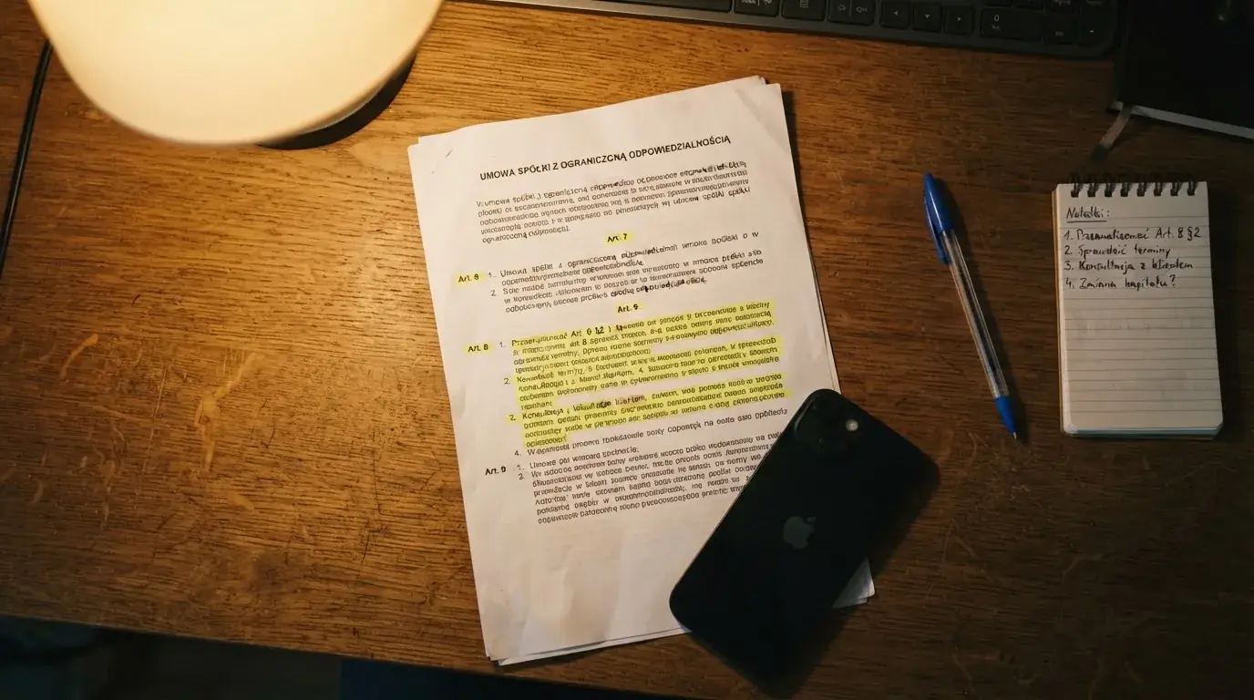 Wydruk ustawy o grach hazardowych z zakreślonymi artykułami leżący na biurku obok wyłączonego smartfona