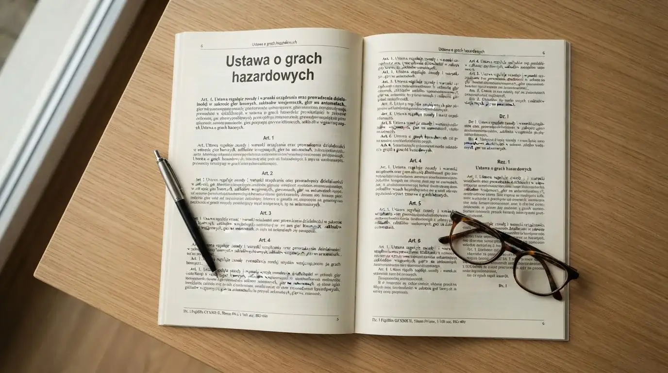 Wydrukowany tekst ustawy o grach hazardowych otwarty na artykule 5, obok okularów i długopisu na biurku