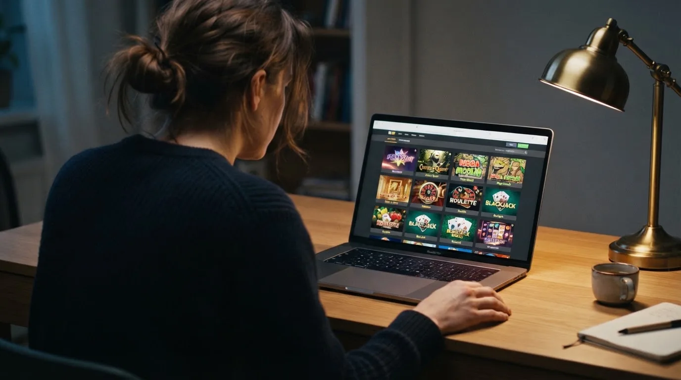 Ekran laptopa z tabelą porównawczą kilku serwisów kasynowych, bez widocznych logotypów marek