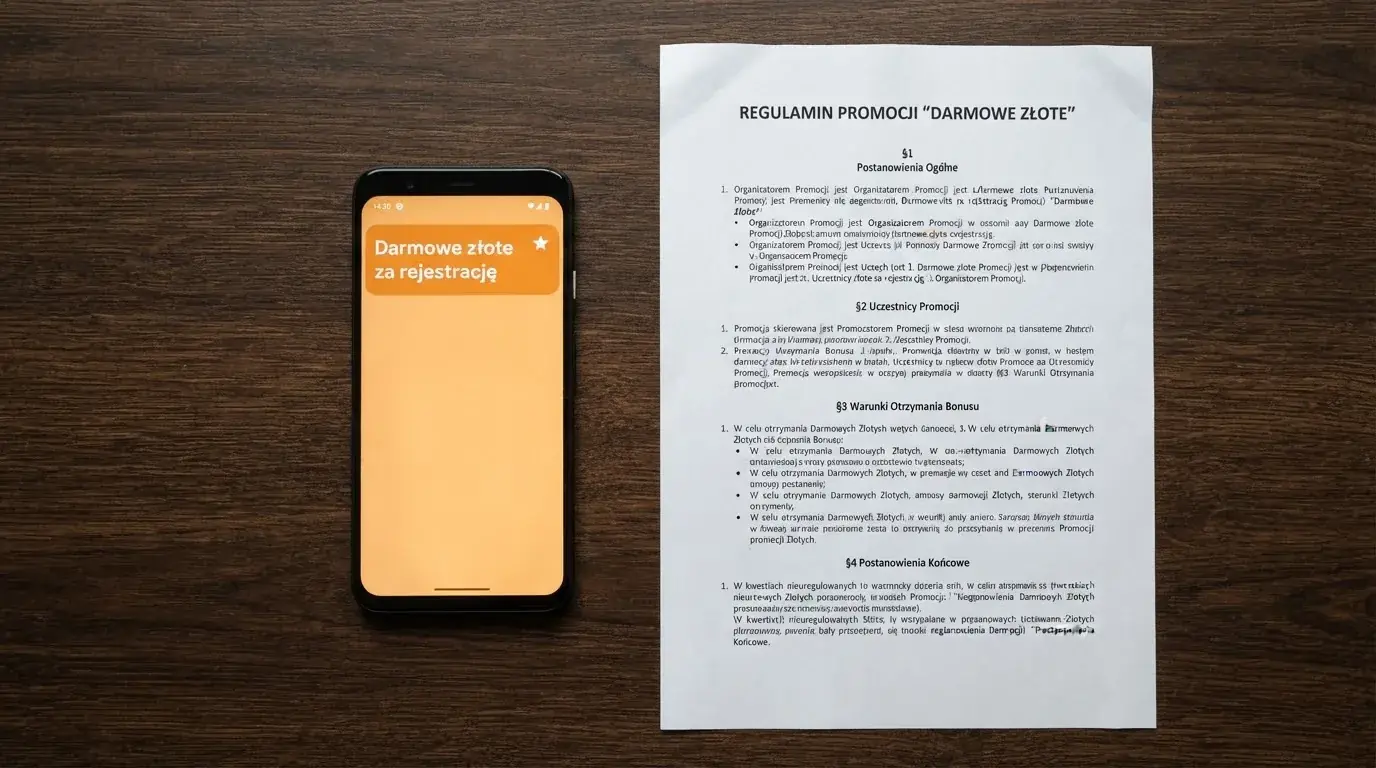 Telefon z wyskakującym banerem obiecującym darmowe złotówki za rejestrację, obok wydruk ustawy o grach hazardowych