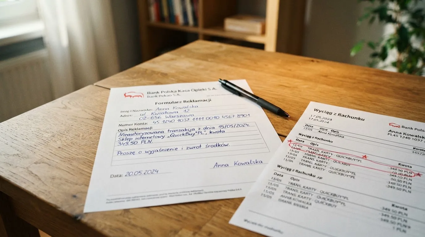 Wydrukowany formularz reklamacji leżący na biurku obok długopisu i wyciągu bankowego z zakreśloną pozycją