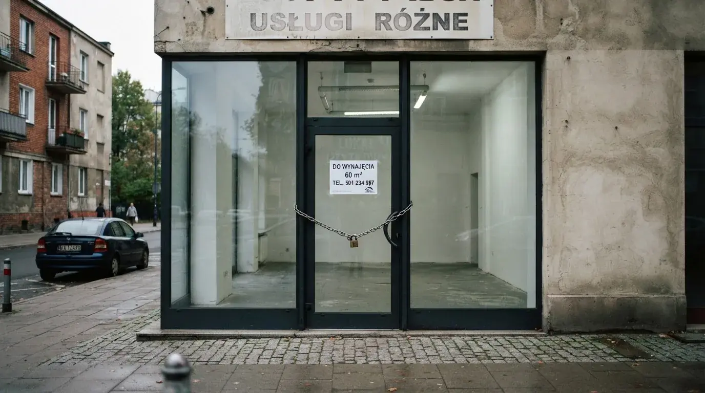 Pusty, zamknięty lokal handlowy z tabliczką „do wynajęcia”, symbolizujący brak działających salonów gry bingo pieniężne