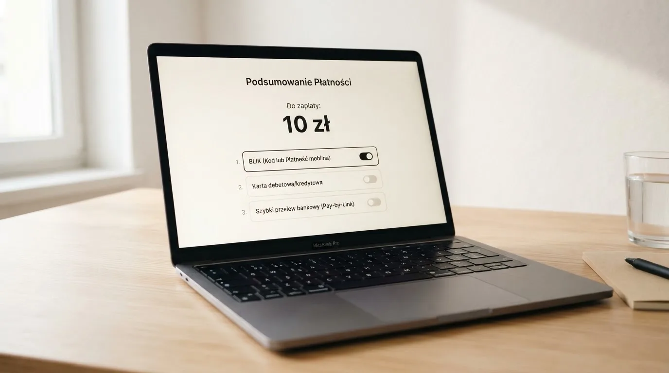Laptop z otwartym oknem wpłaty na kwotę 10 zł i listą metod: BLIK, karta płatnicza, szybki przelew