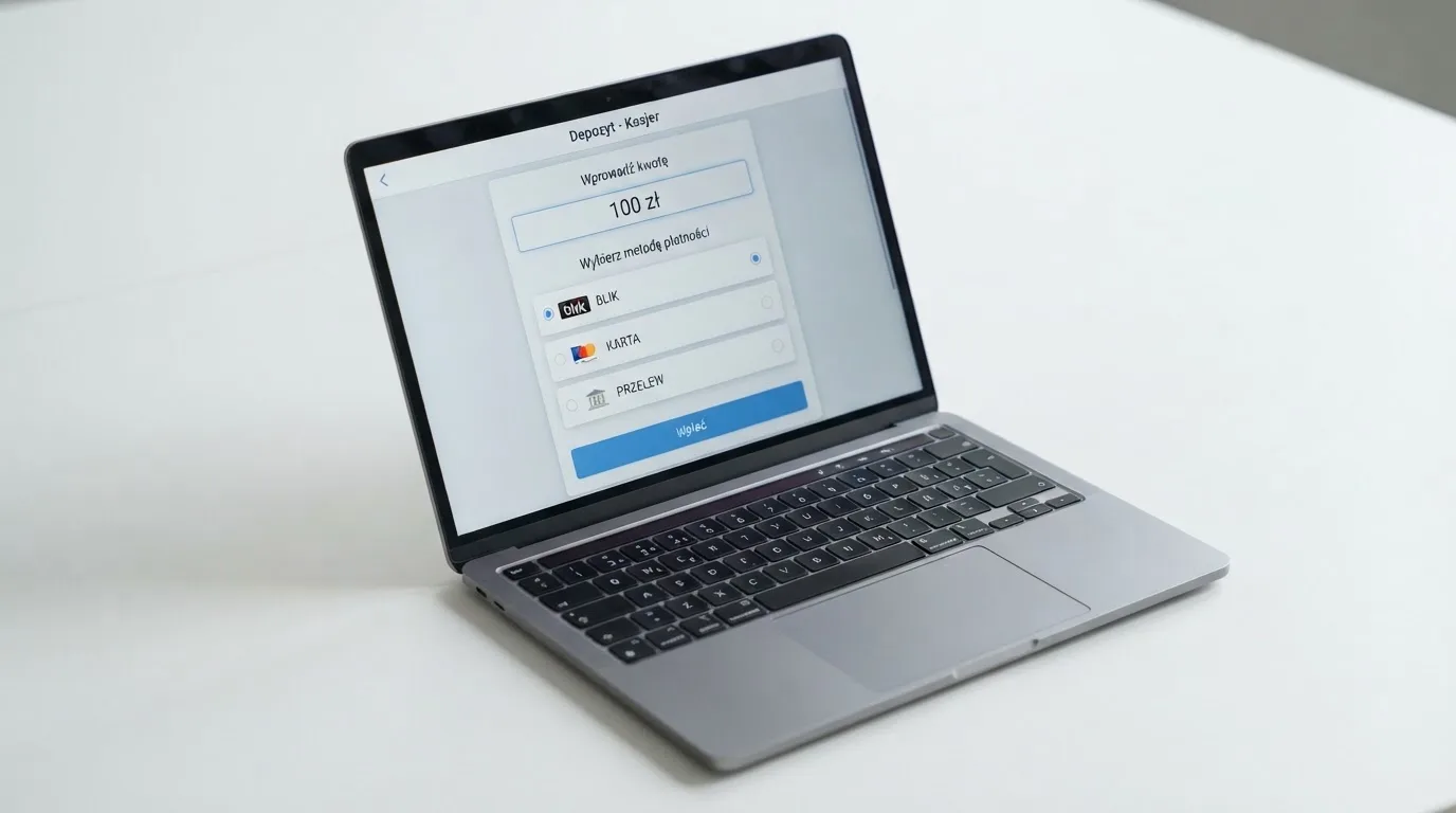 Laptop z oknem wpłaty na ePortfel, wpisana kwota 100 zł i lista metod: BLIK, karta płatnicza, szybki przelew
