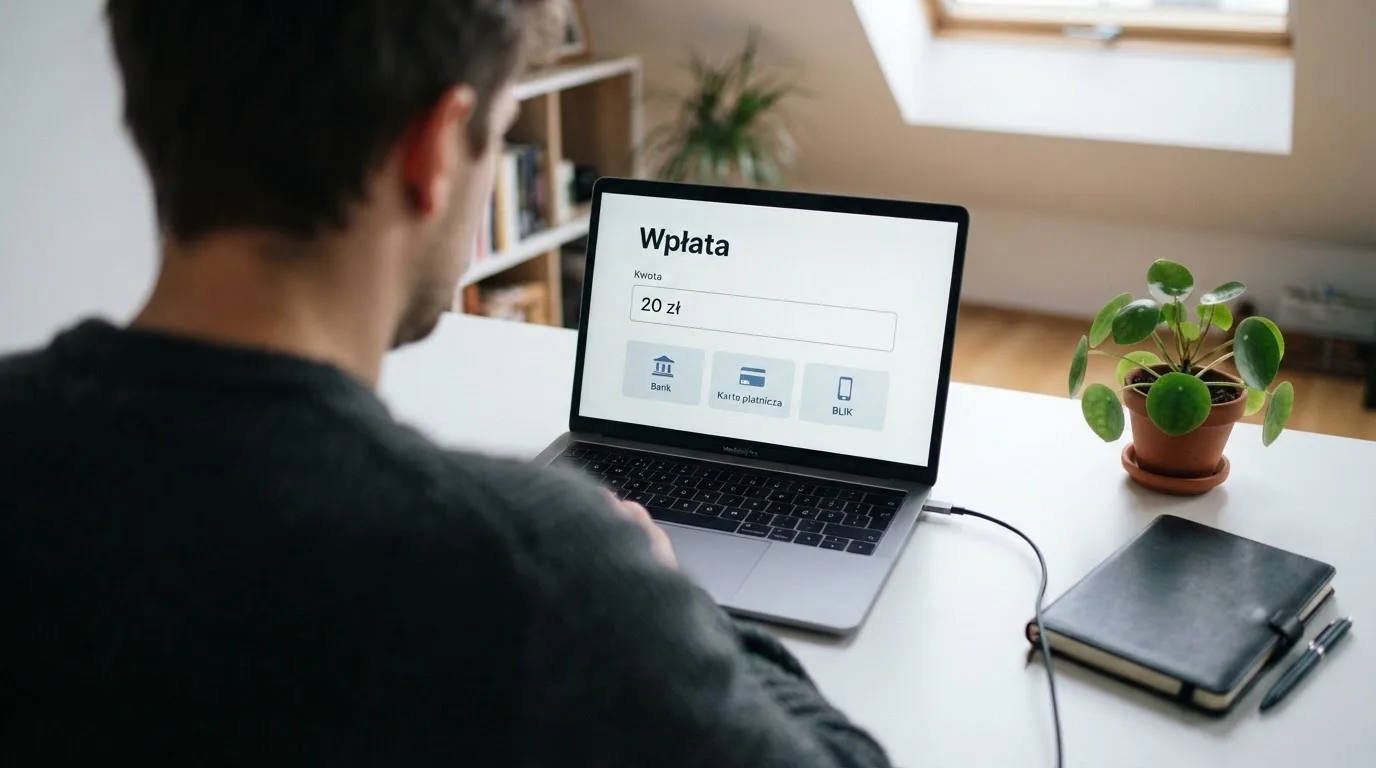 Laptop z otwartym formularzem wpłaty na kwotę 20 zł i wyborem między szybkim przelewem, kartą płatniczą a BLIK-iem